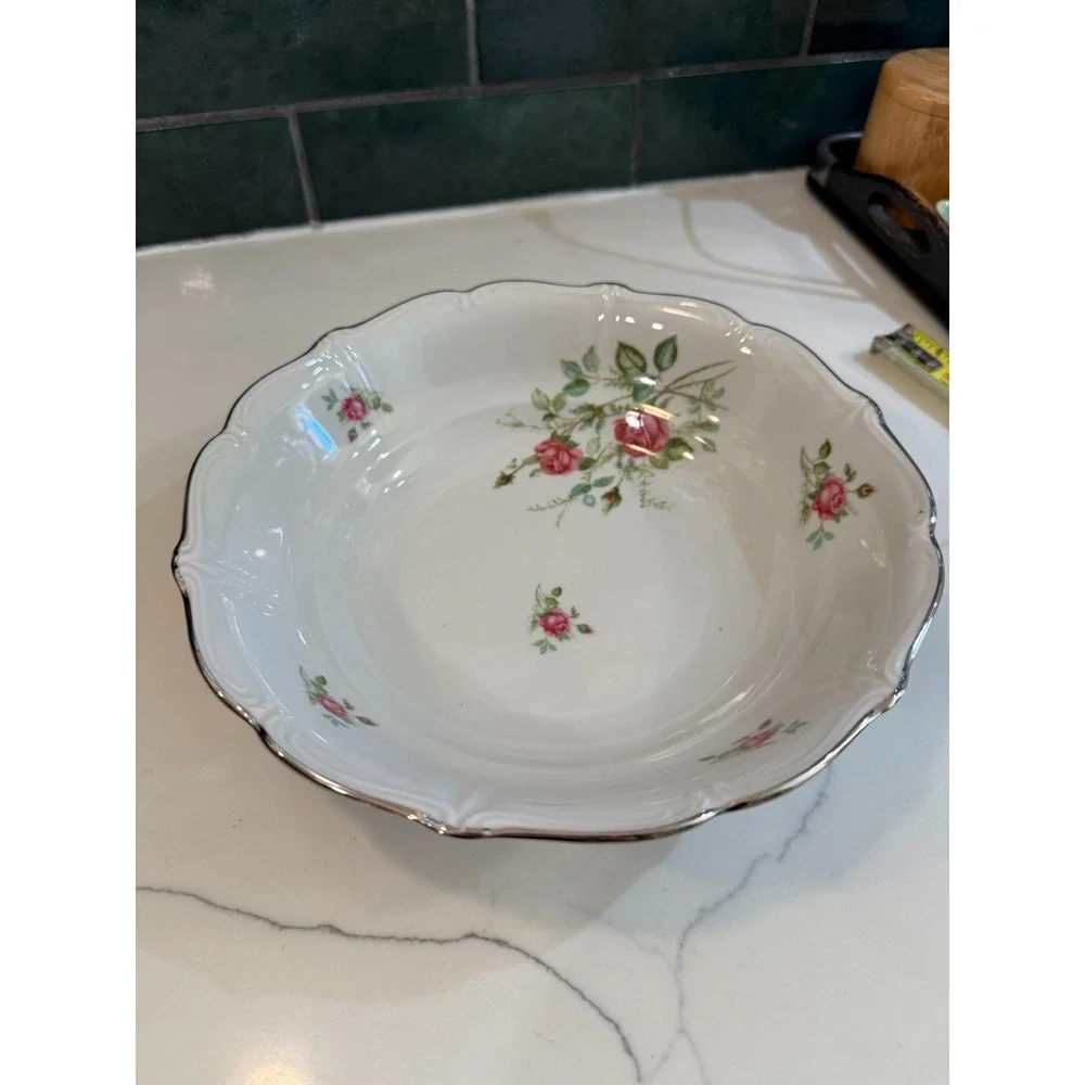 Chalfonte Bavaria Germany Rose Silver Rim Serving Bowl 9.5
